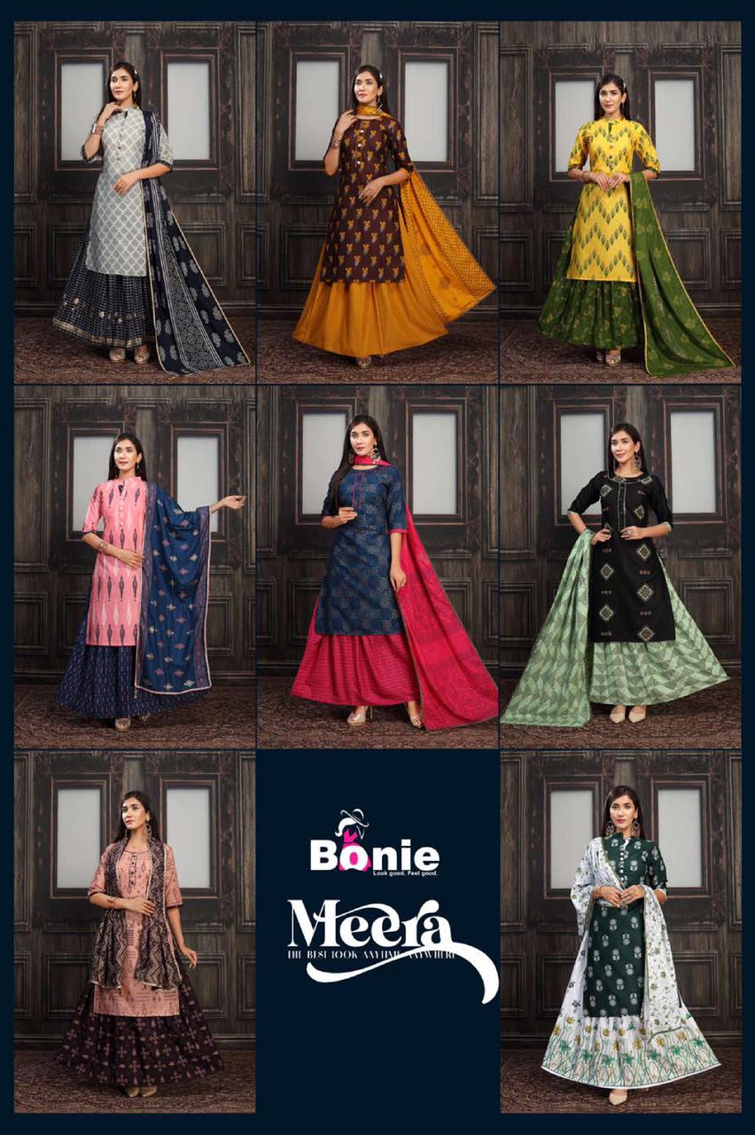 Bonie Meena 2 Latest Fancy Casual Wear Finest Quality Of Rayon Heavy Gold Printed Kurtis With Skirt Collection 